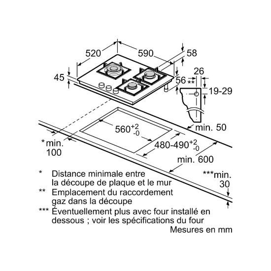 Plaque de cuisson gaz 60cm, 3 foyers dont 1 wok, 8000W Neff N70