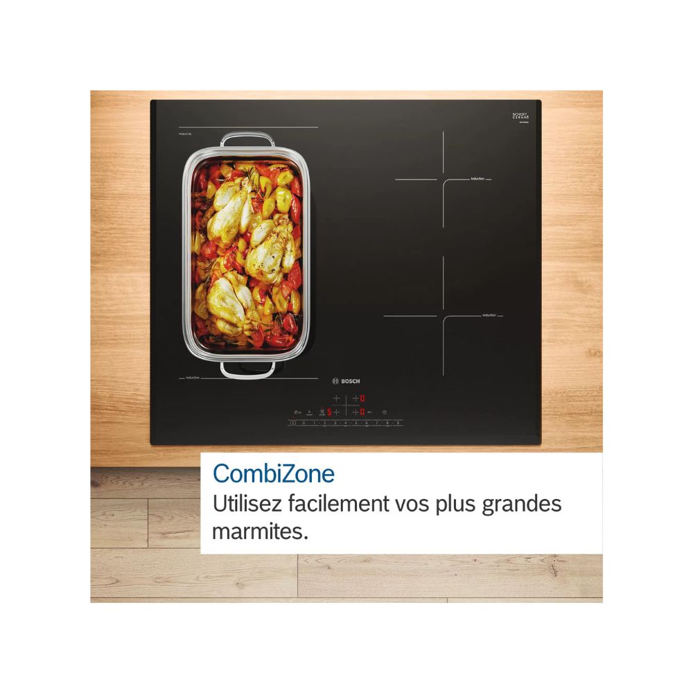 Plaque de cuisson induction 60cm, 4 foyers, zone flexible, 6900W