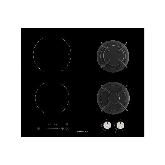 Image de Plaque de cuisson mixte gaz et induction encastrable 60cm, 4 foyers - Schneider SCTGI640S - noir