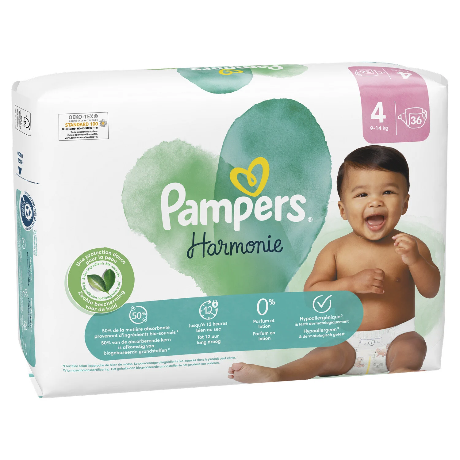 Pampers Couches Harmonie Taille 4 (9-14 kg), 174 Couches Bébé, Pack 1 Mois,  100%