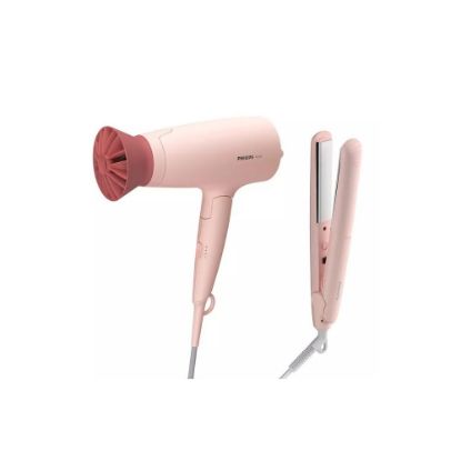 Image de Kit de coiffure 1 sèche-cheveux pliable + 1 lisseur céramique - Philips BHP398/00 - rose