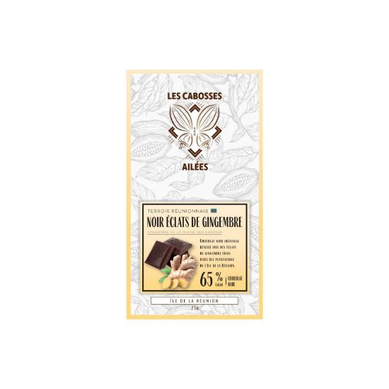 Picture of Tablette de Chocolat Noir 65% aux Éclats de Gingembre frais de la Plaine des Grègues - Les Cabosses Ailées, 75g
