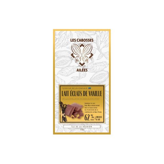 Picture of Tablette de Chocolat au Lait 62% aux Éclats de Vanille de la Réunion - Les Cabosses Ailées, 75g
