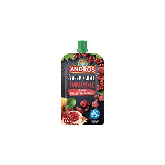 Picture of Compote gourdes SuperFruits Immunité Pomme, Grenade et Framboise - Andros - 4 gourdes de 115g