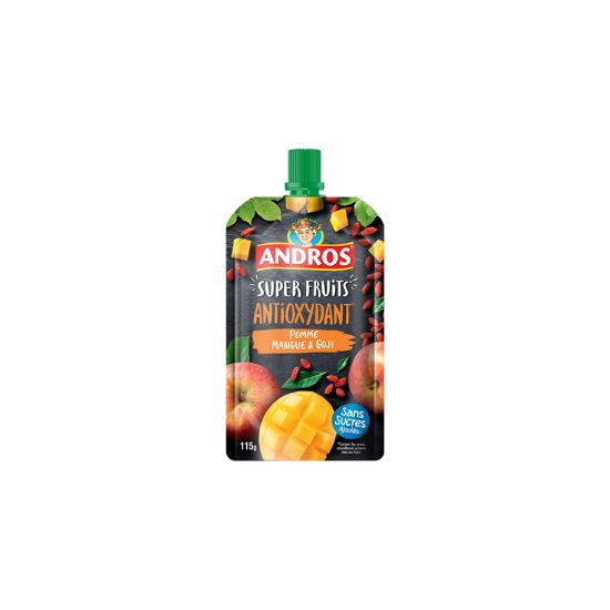 Compote gourdes SuperFruits Antioxydant Pomme, Mangue et Goji - Andros - 4  gourdes de 115g   - Shopping et Courses en ligne, livrés à  domicile ou au bureau, 7j/7 à la Réunion