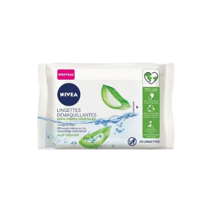 Image de Lingettes démaquillantes visage et yeux Nivea Aloe Vera BIO 100% fibres végétales, 25 lingettes