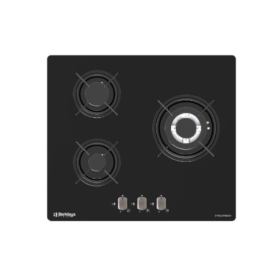 Image de Plaque de cuisson encastrable 60cm 3 feux gaz 6550W - Berklays BTAB3GW0BG01