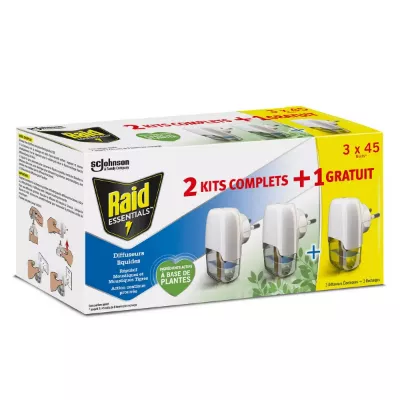 Diffuseur Électrique Liquide Anti-Moustique + Recharge À Base De Plantes Raid, 2 diffuseur 45 nuits, 32mL + 1 gratuit