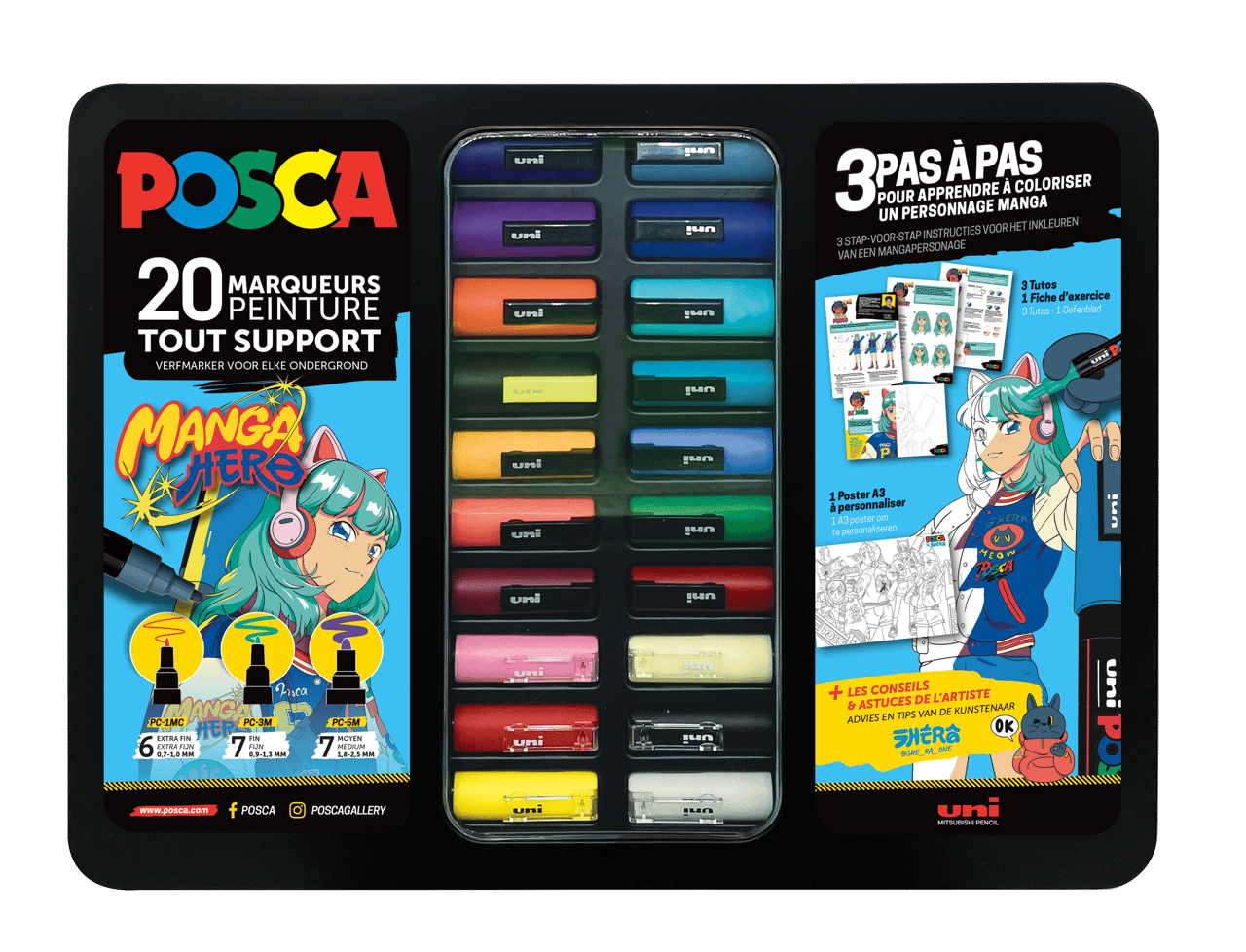 Mallette en Métal de 20 Marqueurs - Posca - Couleurs Assorties - Manga