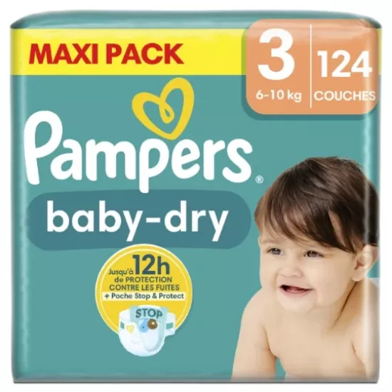 Couches Bébé Pampers Baby-Dry Taille 3, 6-10 kg, Mega Pack 124 couches