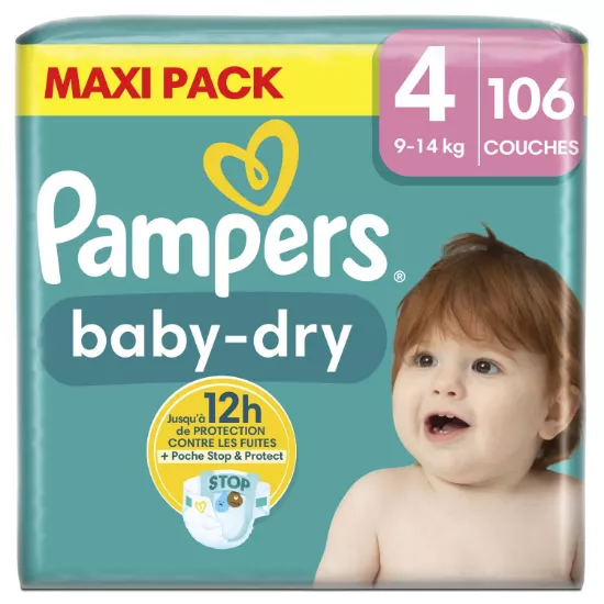 Couches Bébé Pampers Baby-Dry Taille 4, 9-14 kg, Mega Pack 106 couches