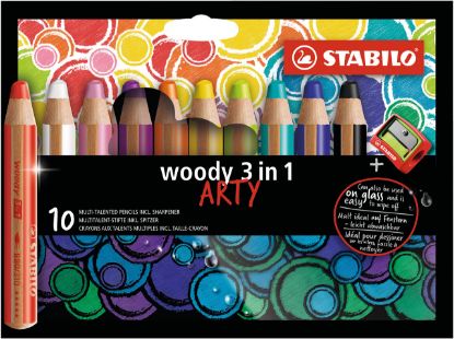 Lot de 10 crayons multi-talents pointe extra-large + 1 taille-crayons - STABILO - Couleurs assorties - Woody 3 in 1 ARTY