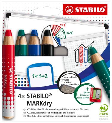 Lot de 4 crayons marqueurs STABILO MARKdry avec taille-crayon et chiffonnette - rouge, bleu, vert, noir