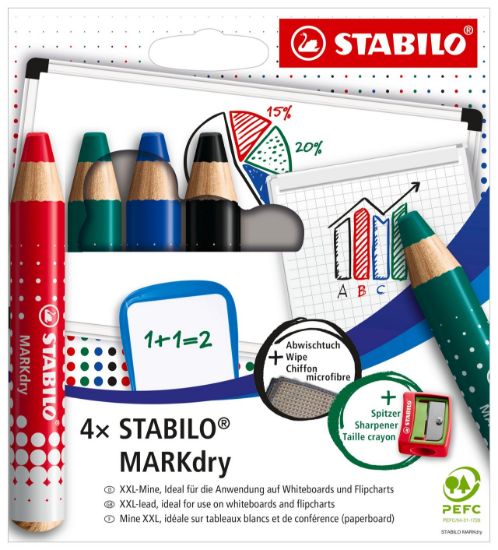 Lot de 4 crayons marqueurs STABILO MARKdry avec taille-crayon et chiffonnette - rouge, bleu, vert, noir