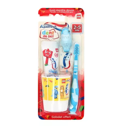 Aquafresh – Kit Dent de Lait 3–5 ans — Dentifrice 50 ml + Brosse + Gobelet