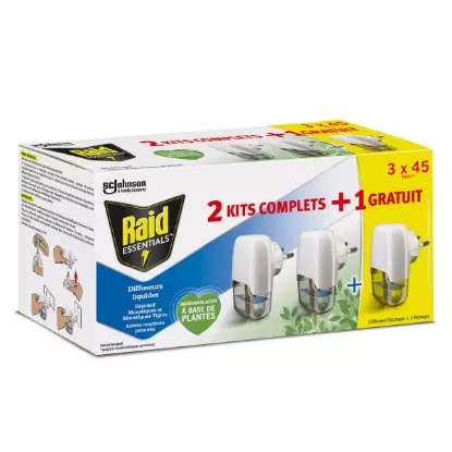 Diffuseur Électrique Liquide Anti-Moustique + Recharge À Base De Plantes Raid, 2 diffuseur 45 nuits, 32mL + 1 gratuit