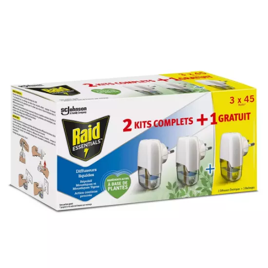 Diffuseur Électrique Liquide Anti-Moustique + Recharge À Base De Plantes Raid, 2 diffuseur 45 nuits, 32mL + 1 gratuit