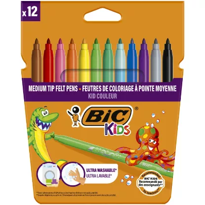 BIC Kids Kid Couleur – Feutres de coloriage – Pointe moyenne bloquée – Encre lavable – Couleurs assorties