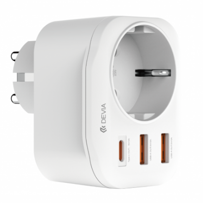 Adaptateur Secteur Devia Smart Series 20W | 3 Ports (USB-C & 2x USB-A) + Prise Intégrée - Blanc