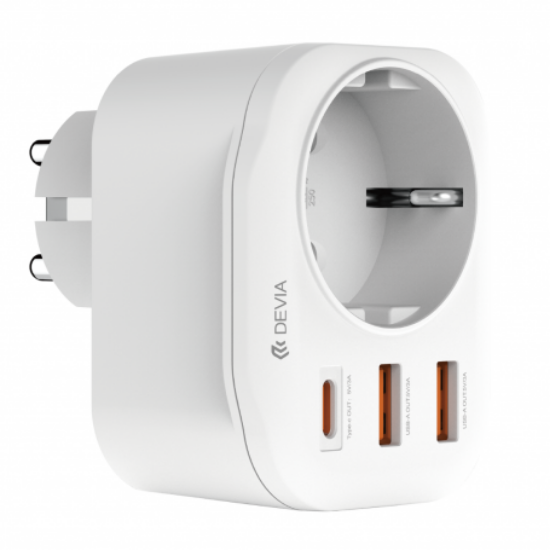 Adaptateur Secteur Devia Smart Series 20W | 3 Ports (USB-C & 2x USB-A) + Prise Intégrée - Blanc