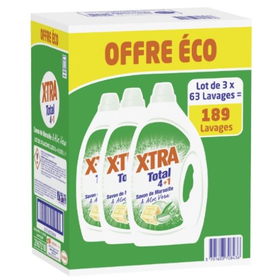 Lessive Liquide X-TRA Total Savon de Marseille & Aloe Vera | Lot de 3 (189 Lavages)