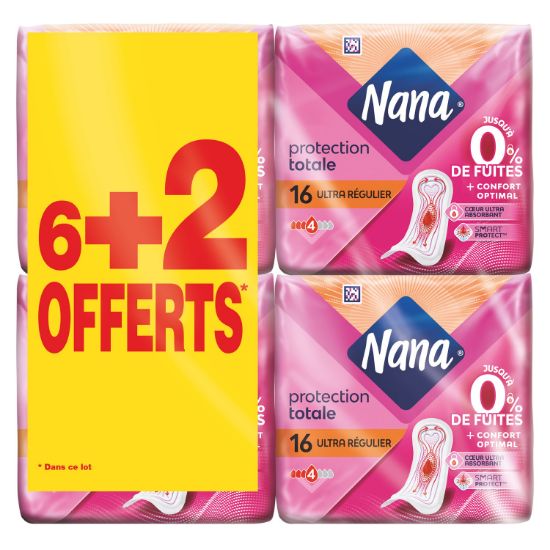 Serviettes Hygiéniques Nana Ultra Régulier V-Protection avec Ailettes | Maxi Lot de 8 x 16 (128 Serviettes)