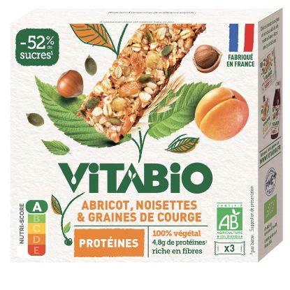 Vitabio | Barres Protéinées Bio Abricot, Noisettes & Graines de Courge (3 x 25g)