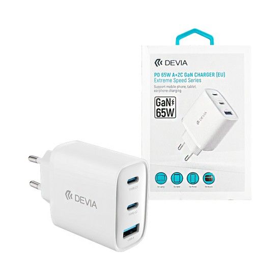 Chargeur Secteur Devia GaN 65W PD - 3 Ports (2x USB-C + 1x USB-A) - Charge Rapide