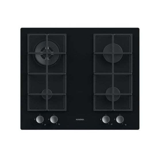 Image de Table de cuisson gaz Rosières 60 cm 4 feux dessus verre trempé noir 9450 W