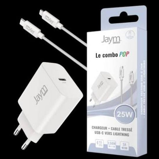 Pack Jaym POP : chargeur USB-C 25 W + câble USB-C vers Lightning 1,5 m, blanc
