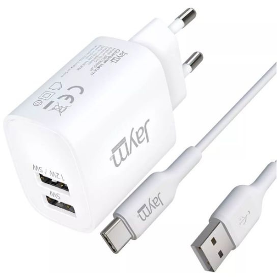 Pack Jaym : chargeur secteur 2 USB 12 W + câble USB-C 2 m, blanc