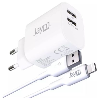 Pack Jaym : chargeur secteur 2 USB 12 W + câble Lightning MFi 2 m, blanc