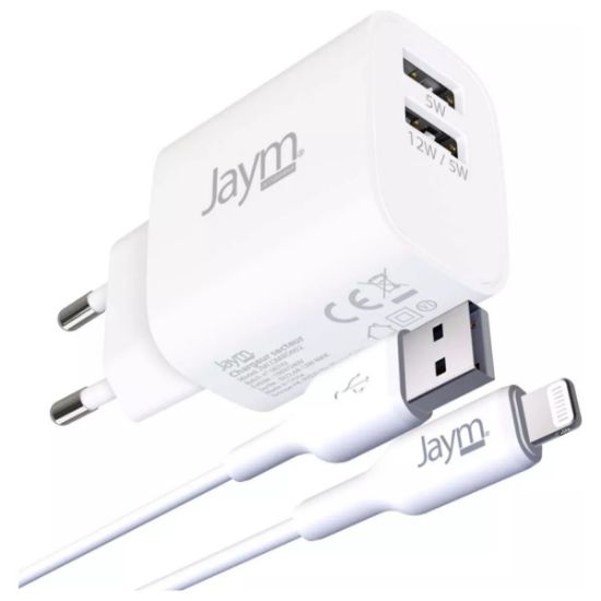 Pack Jaym : chargeur secteur 2 USB 12 W + câble Lightning MFi 2 m, blanc