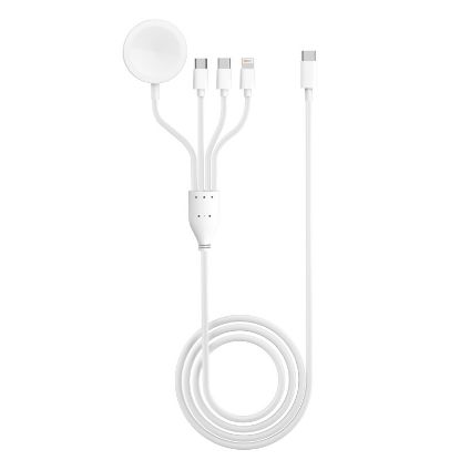 Câble de charge 4 en 1 USB-C : Lightning, USB-C, micro-USB et socle montre – Vortex Electronics – blanc
