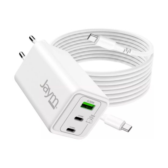 Pack Jaym : chargeur GaN 2 USB-C + USB-A + câble USB-C 100 W 2 m, blanc