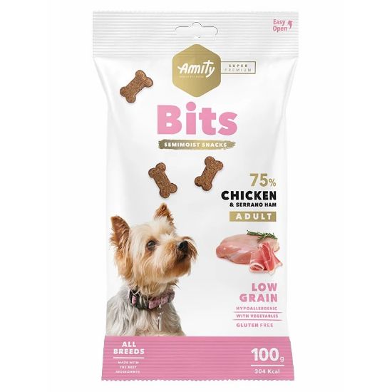 Friandises chien Amity Super Premium Bits poulet et jambon Serrano – 100 g