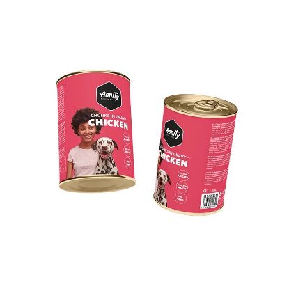 Pâtée chien Amity bouchées en sauce au poulet – boîte 415 g