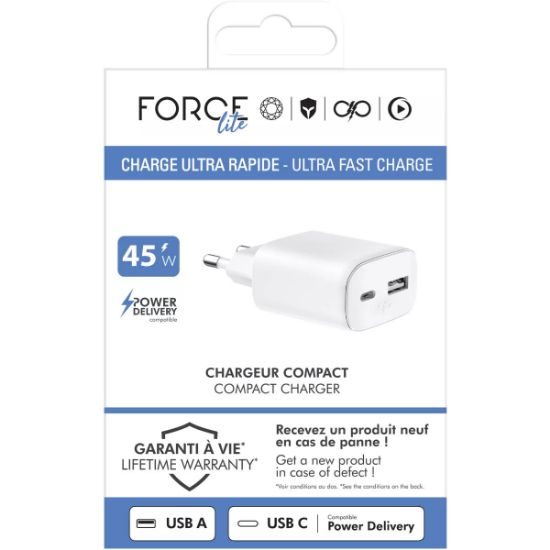 Chargeur secteur 45 W Force Power Lite, recyclé, blanc