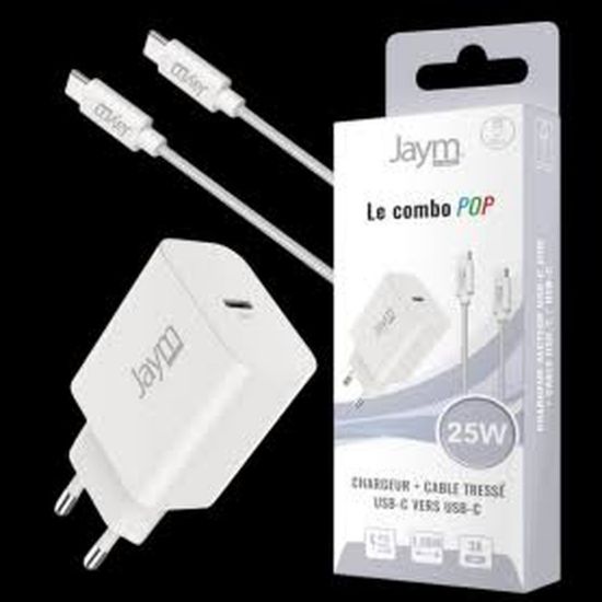 Pack Jaym POP : chargeur USB-C 25 W + câble USB-C 1,5 m, blanc