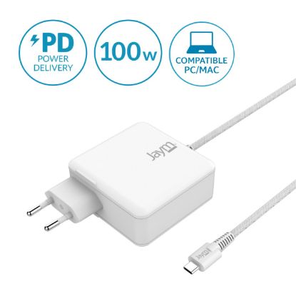 Chargeur secteur GaN Jaym 100 W câble USB-C 2 m intégré, blanc