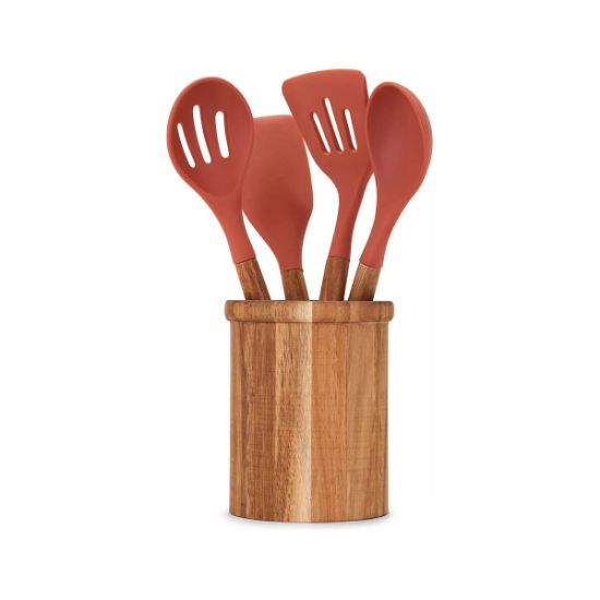 Set de 4 ustensiles de cuisine acacia FSC et silicone avec pot – Livoo MES153 – terracotta