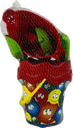 Seau de plage Ø 17 cm avec pelle, râteau, moules et arrosoir – Sport & Fun – vert et rouge