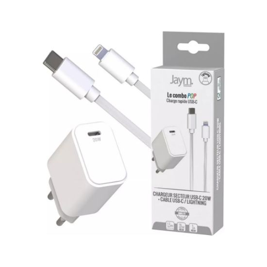 Pack Jaym POP : chargeur USB-C 20 W + câble USB-C vers Lightning, blanc
