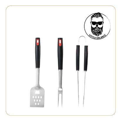 Set de 3 ustensiles barbecue inox : spatule, fourchette, pince – Little Balance Baroud'Fire – inox et noir