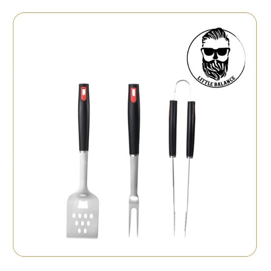 Set de 3 ustensiles barbecue inox : spatule, fourchette, pince – Little Balance Baroud'Fire – inox et noir