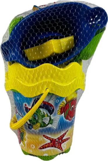 Seau de plage Ø 17 cm avec pelle, râteau, moules et arrosoir – Sport & Fun – bleu et jaune